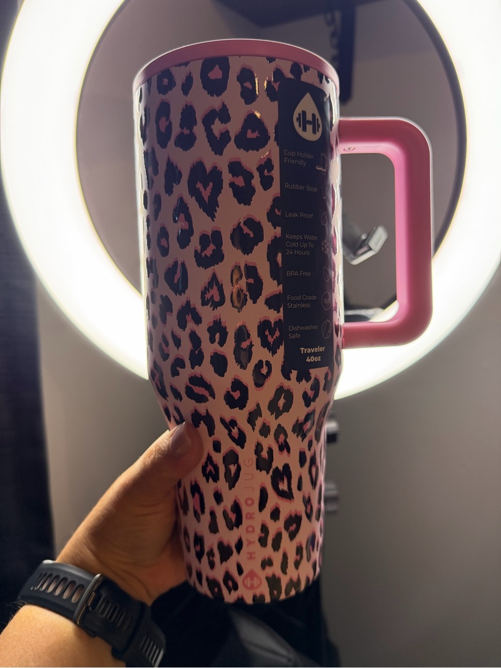 Hydro Flask Pink Leopard Travel Mug with Pink Handle